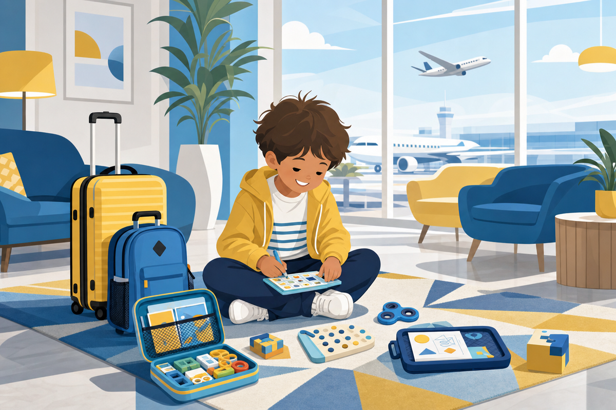 Child playing with quiet travel activities in hotel lobby during checkout with luggage and airplane visible through window