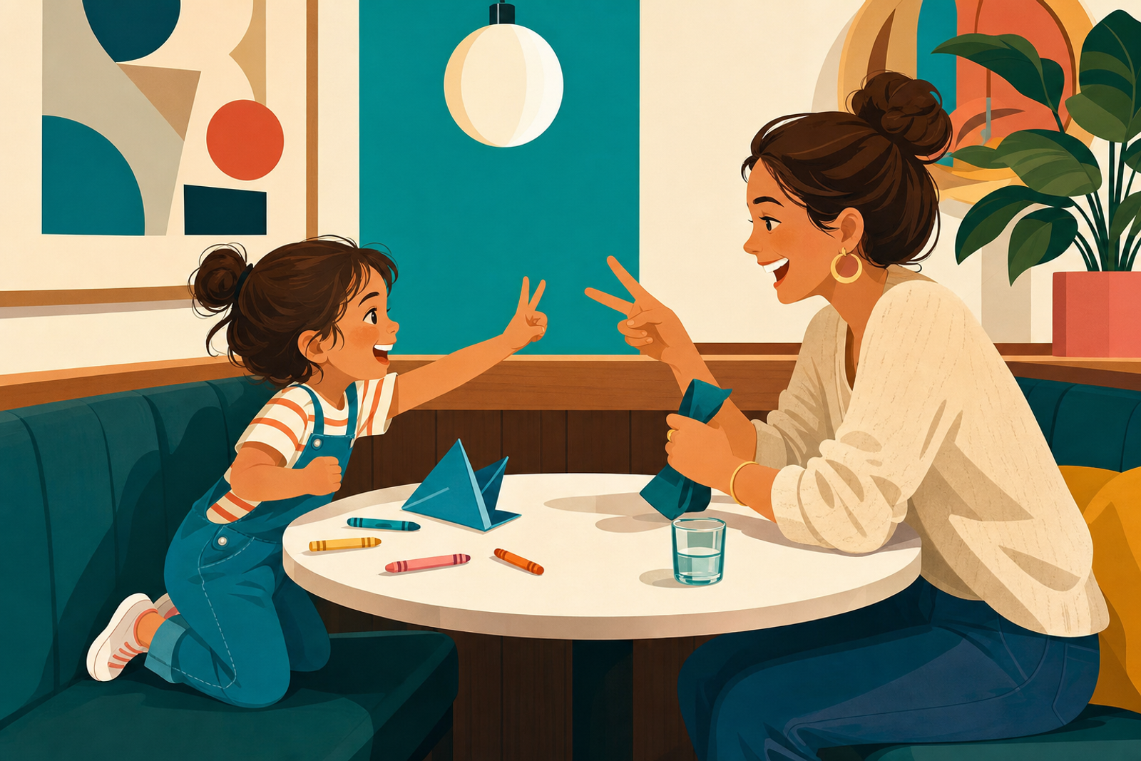 Flat illustration of a parent and young child playing a simple napkin and finger game at a restaurant table while waiting for food, with no screens involved.