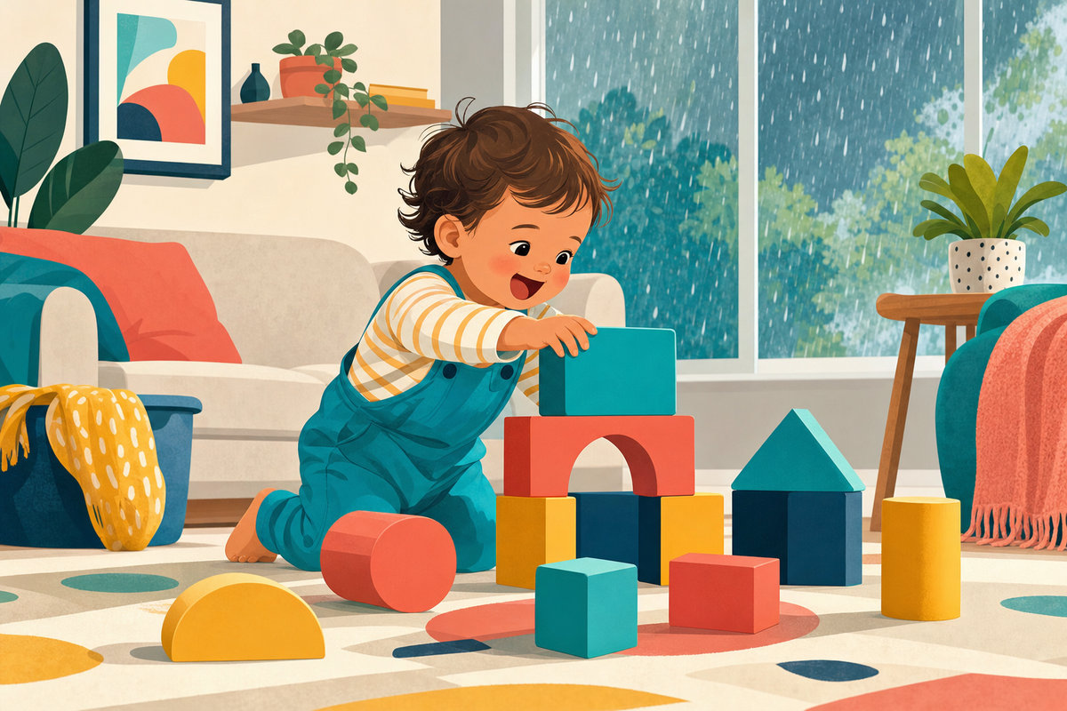 Toddler playing with colorful blocks indoors on a rainy day