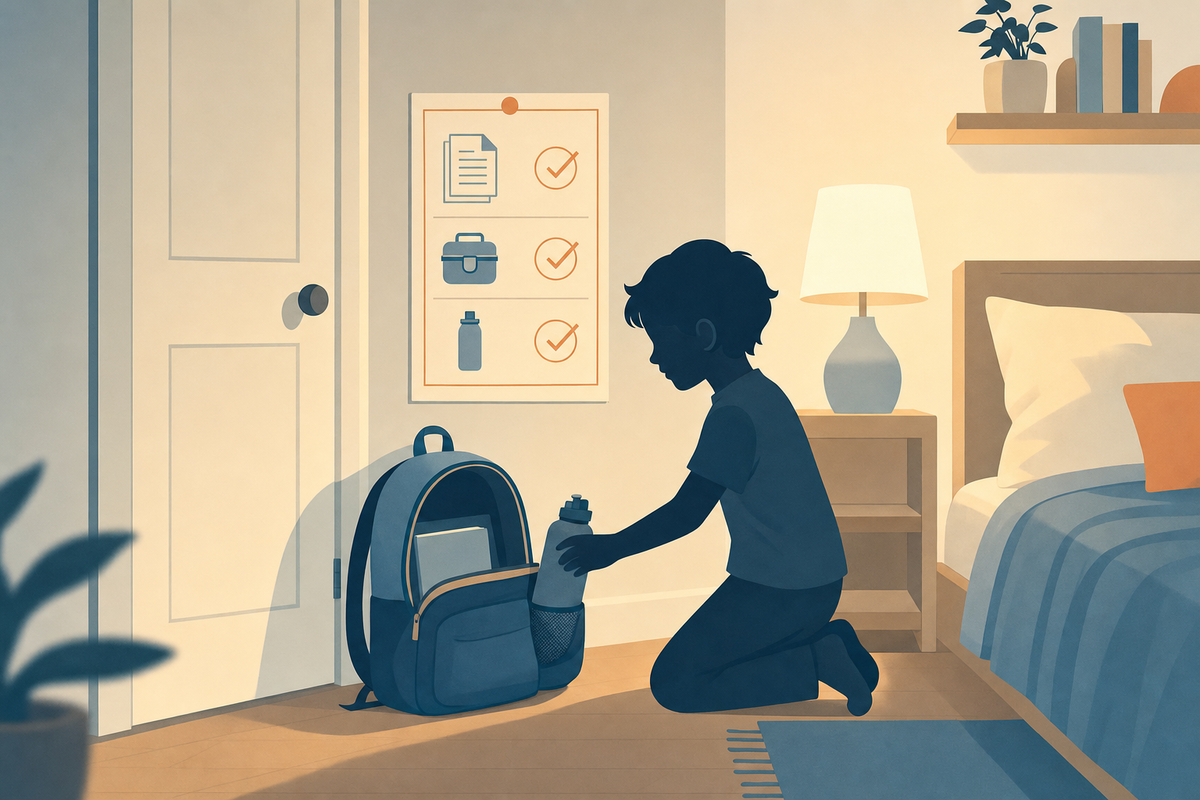 Illustration of a child packing a backpack by a wall-mounted printable evening school-bag routine chart with icons for homework, lunch, and water bottle.