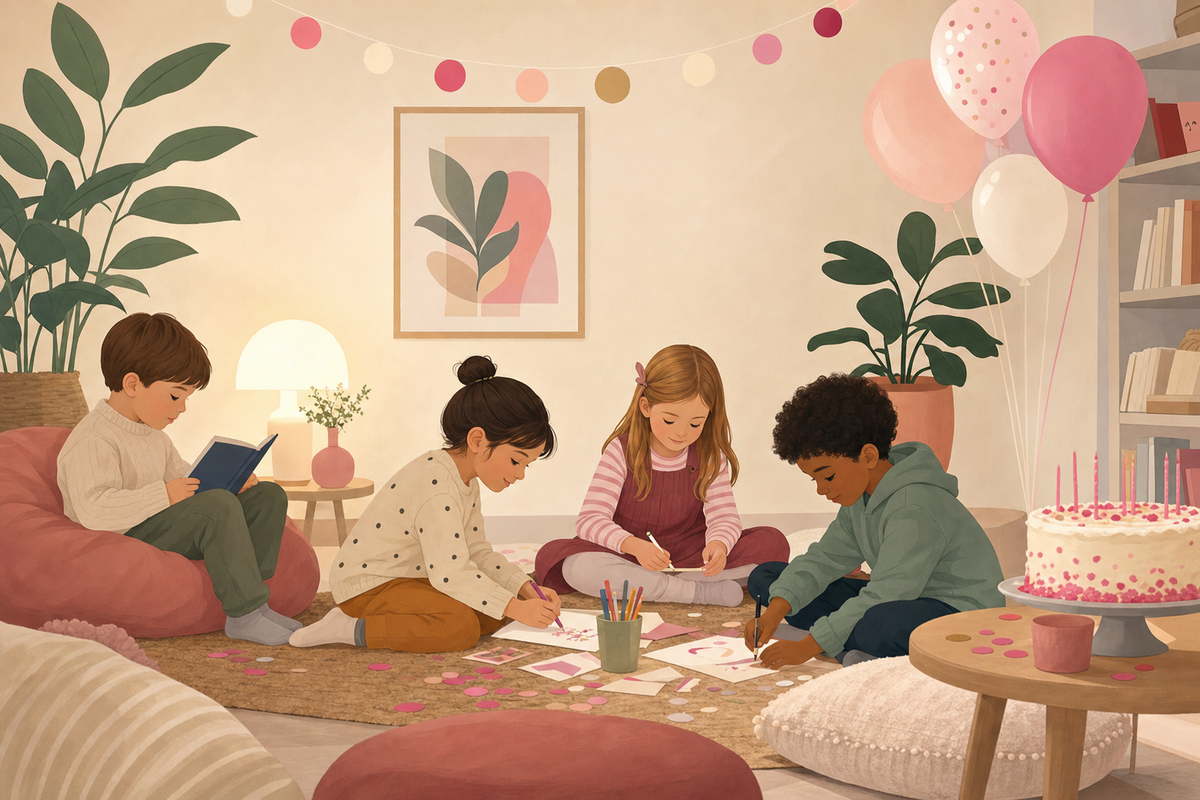 Illustration of a small, calm birthday gathering with a few children doing quiet activities together in a cozy home setting