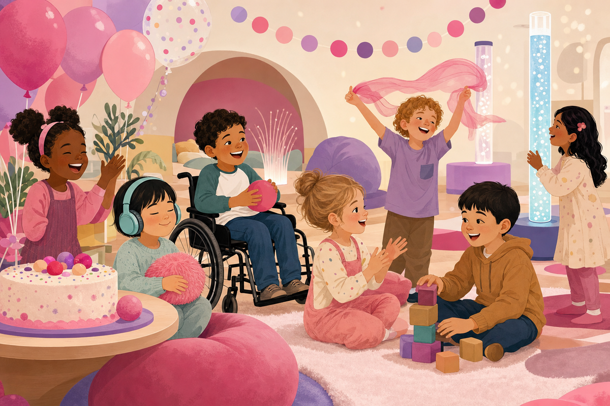 Illustration of diverse children celebrating together at an inclusive birthday party with sensory-friendly accommodations