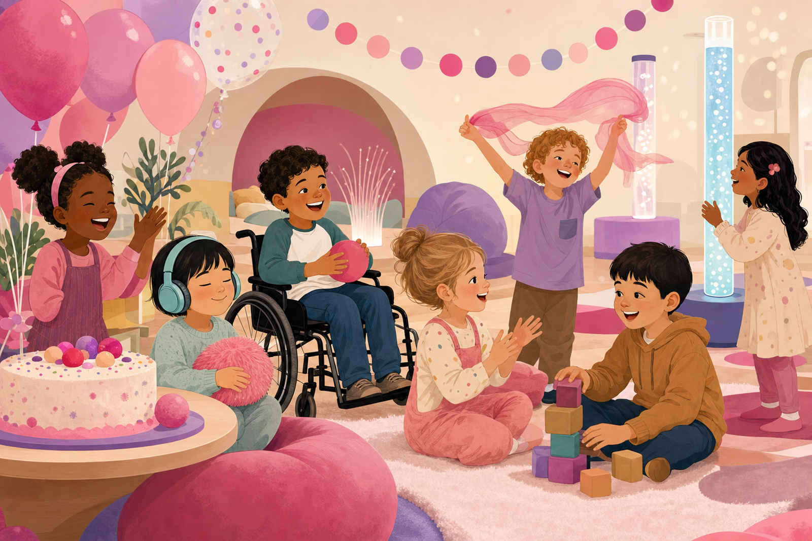 Illustration of diverse children celebrating together at an inclusive birthday party with sensory-friendly accommodations