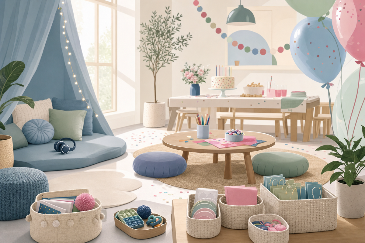 Illustration of a calm, sensory-friendly birthday party setup featuring a quiet zone with cushions, soft lighting, gentle pastel decorations, and organized activity stations