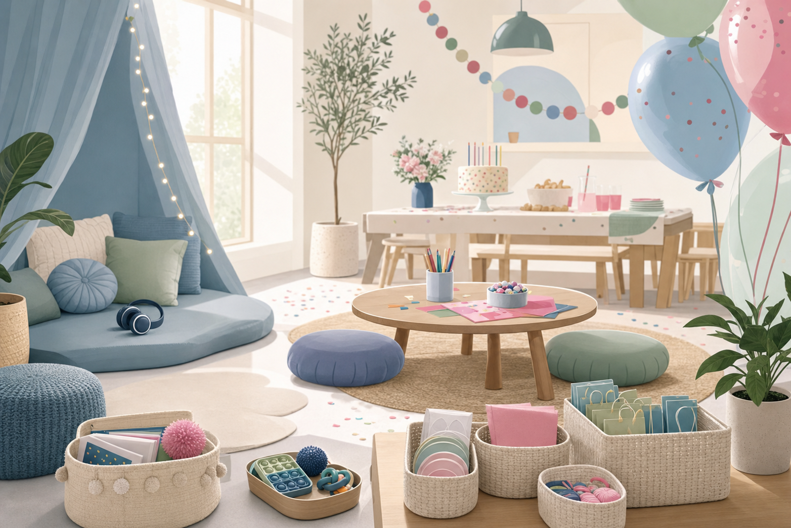 Illustration of a calm, sensory-friendly birthday party setup featuring a quiet zone with cushions, soft lighting, gentle pastel decorations, and organized activity stations