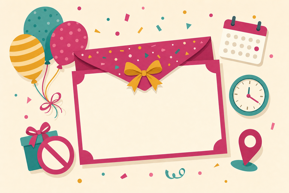 Flat illustration of a birthday invitation card surrounded by icons representing no gifts, a clock, calendar, and location pin, with pink confetti and balloons.