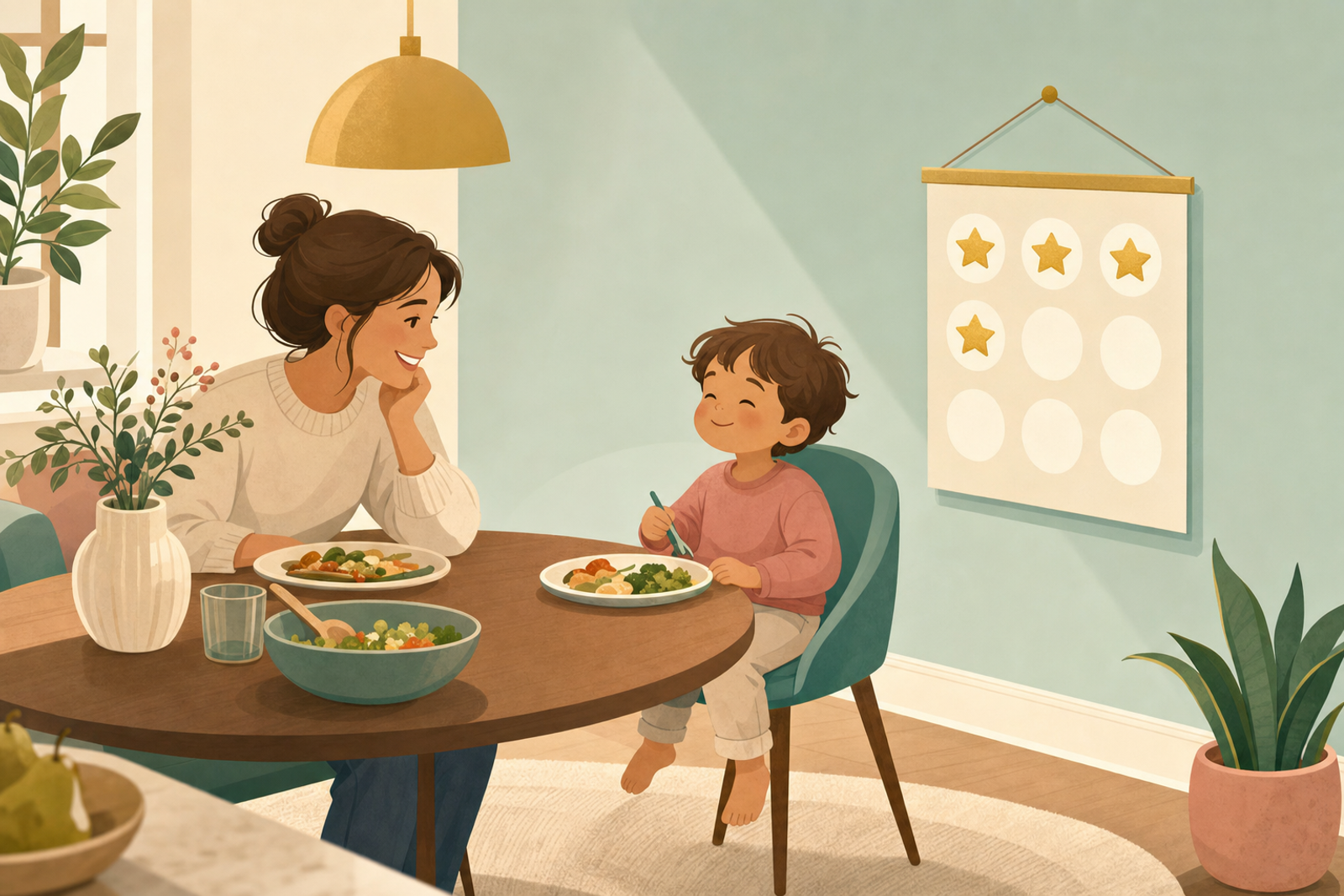 Flat illustration of a young child sitting happily at a dinner table with a parent nearby, a printable sticker chart with gold star stickers hanging on the wall beside them.