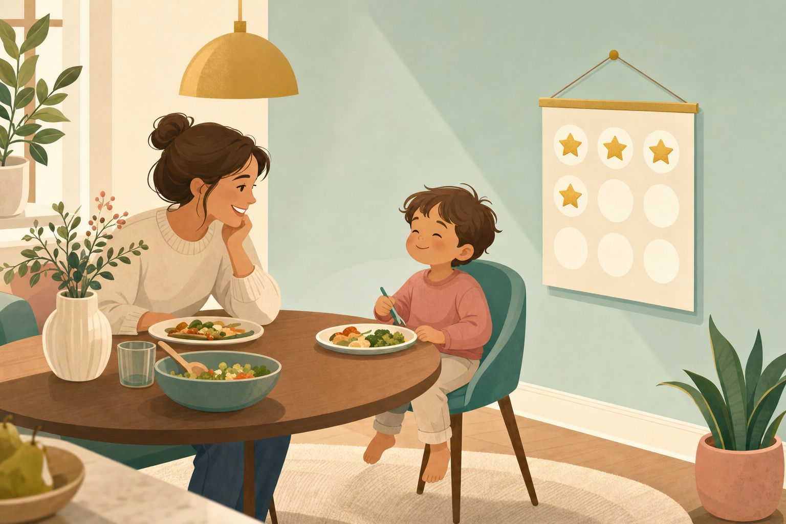 Flat illustration of a young child sitting happily at a dinner table with a parent nearby, a printable sticker chart with gold star stickers hanging on the wall beside them.