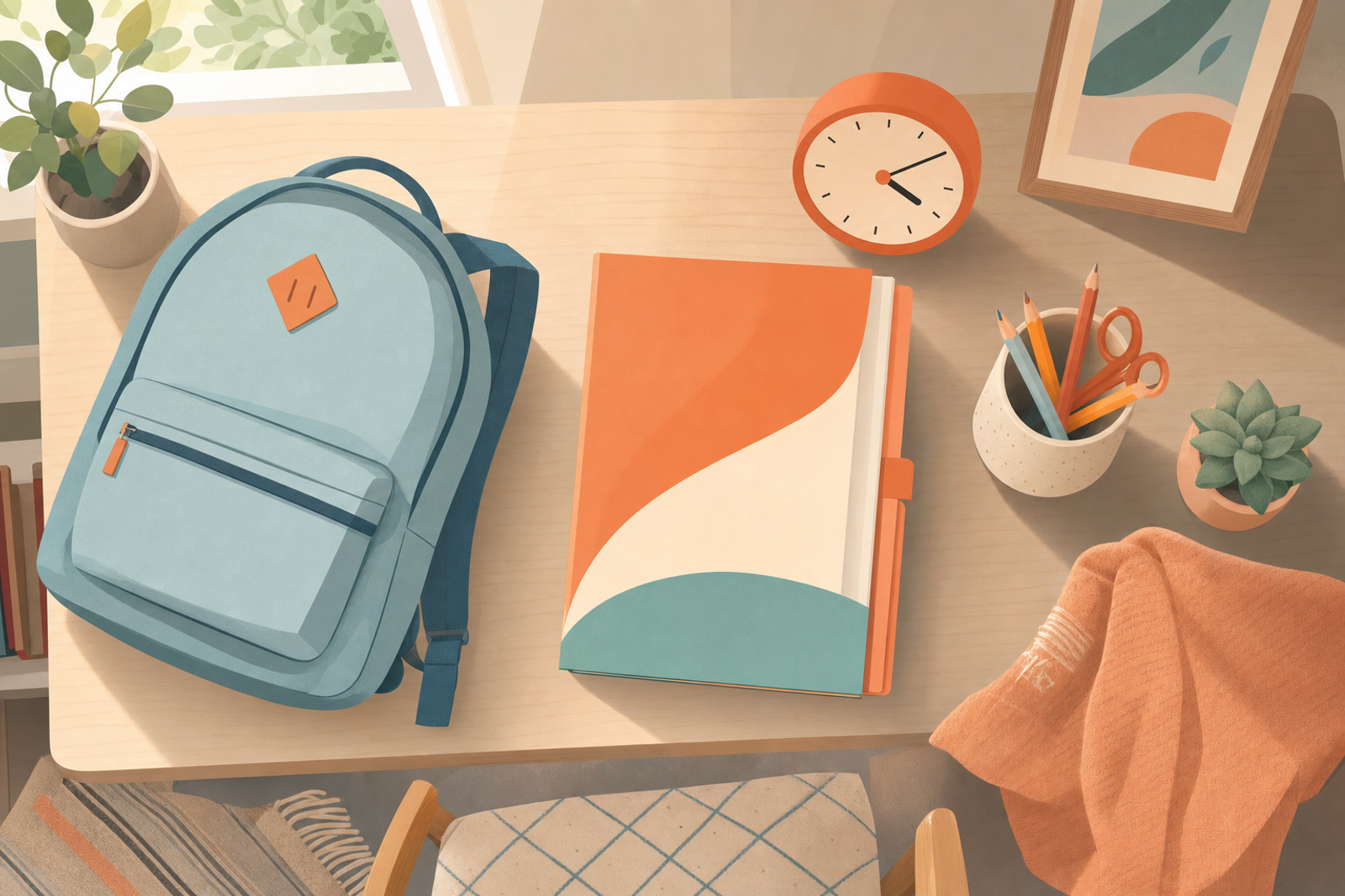 Organized homework station with backpack, folders, and school supplies on a desk in soft pastel colors
