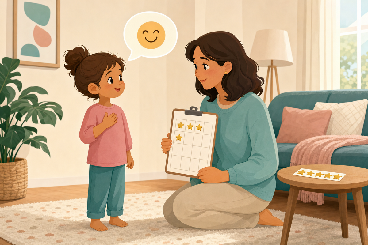 Flat illustration of a parent and young child calmly talking together, with a sticker chart featuring gold star stickers nearby, symbolizing teaching calm communication instead of whining.