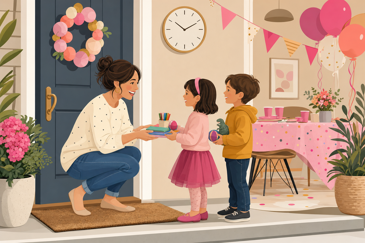 Flat illustration of a host greeting early-arriving kids at a birthday party doorway with toys and balloons, representing a 20-minute drop-in activity plan.