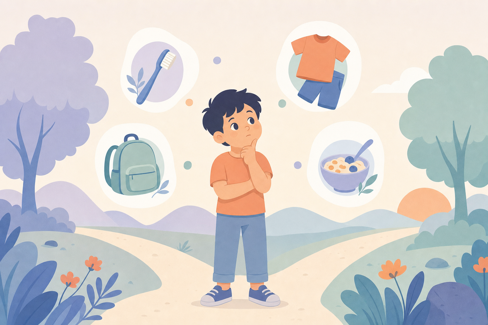 Illustration of a child considering their routine choices with visual task icons floating nearby