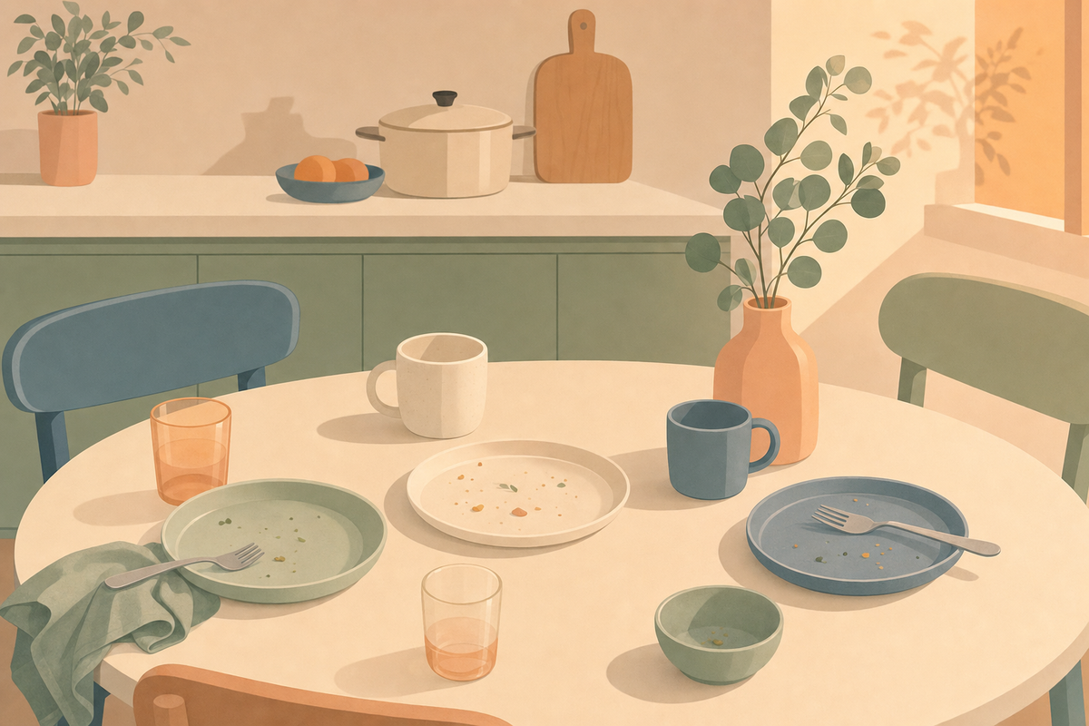 Overhead view of a dinner table with plates and kitchen setting in soft pastel colors