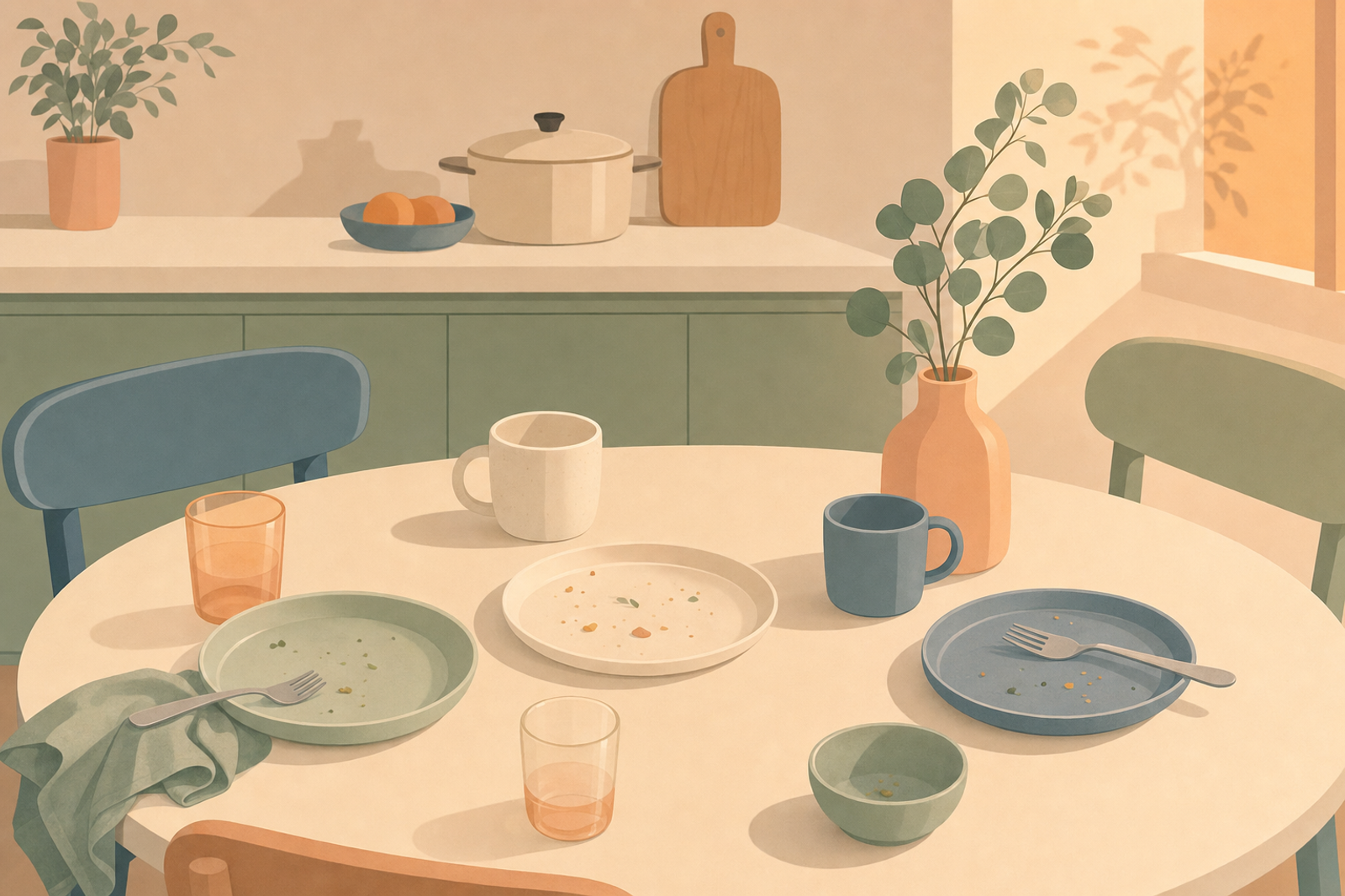 Overhead view of a dinner table with plates and kitchen setting in soft pastel colors