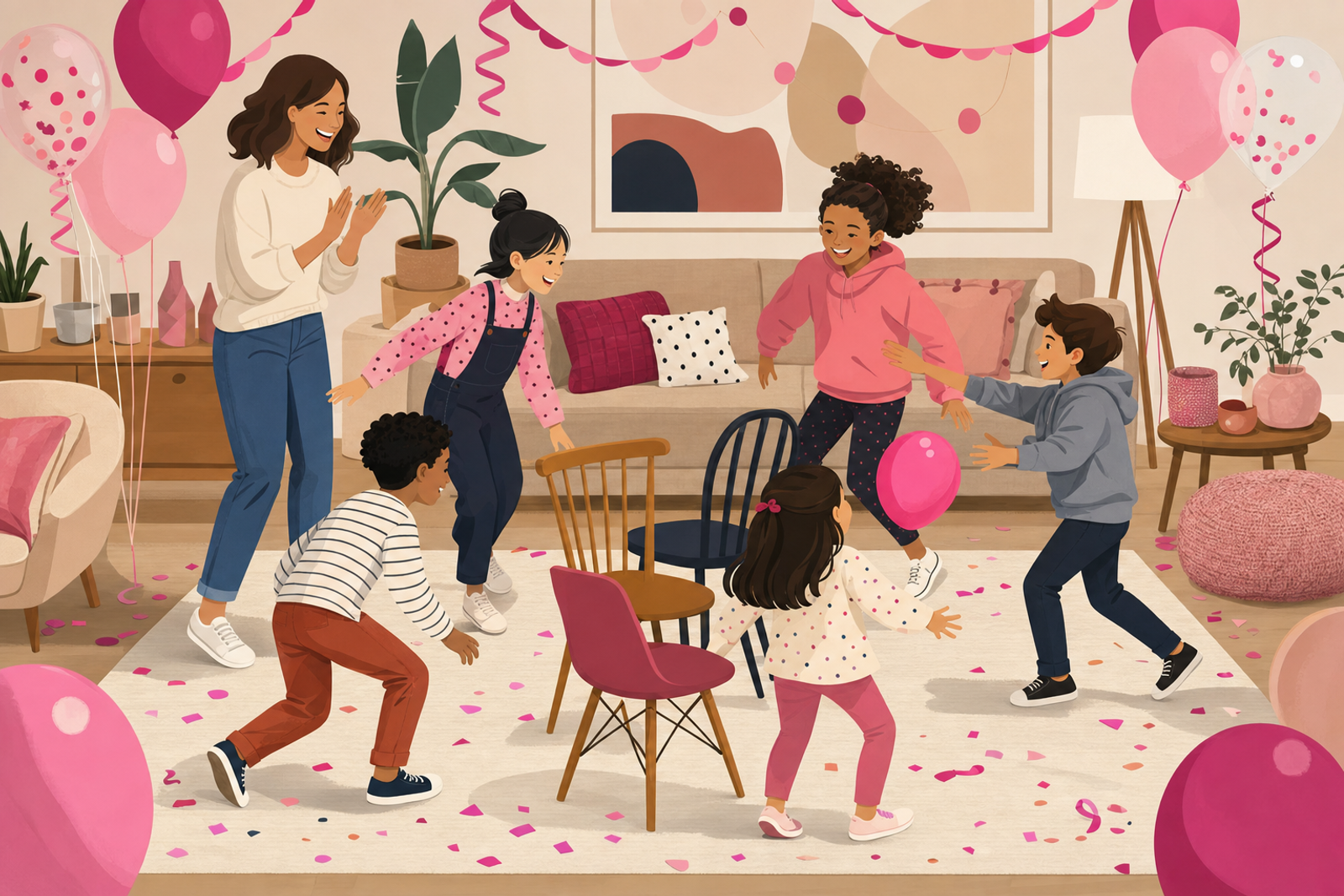 Flat illustration of a mixed-age group playing simple birthday party games together in a home living room decorated with pink and magenta balloons and confetti.