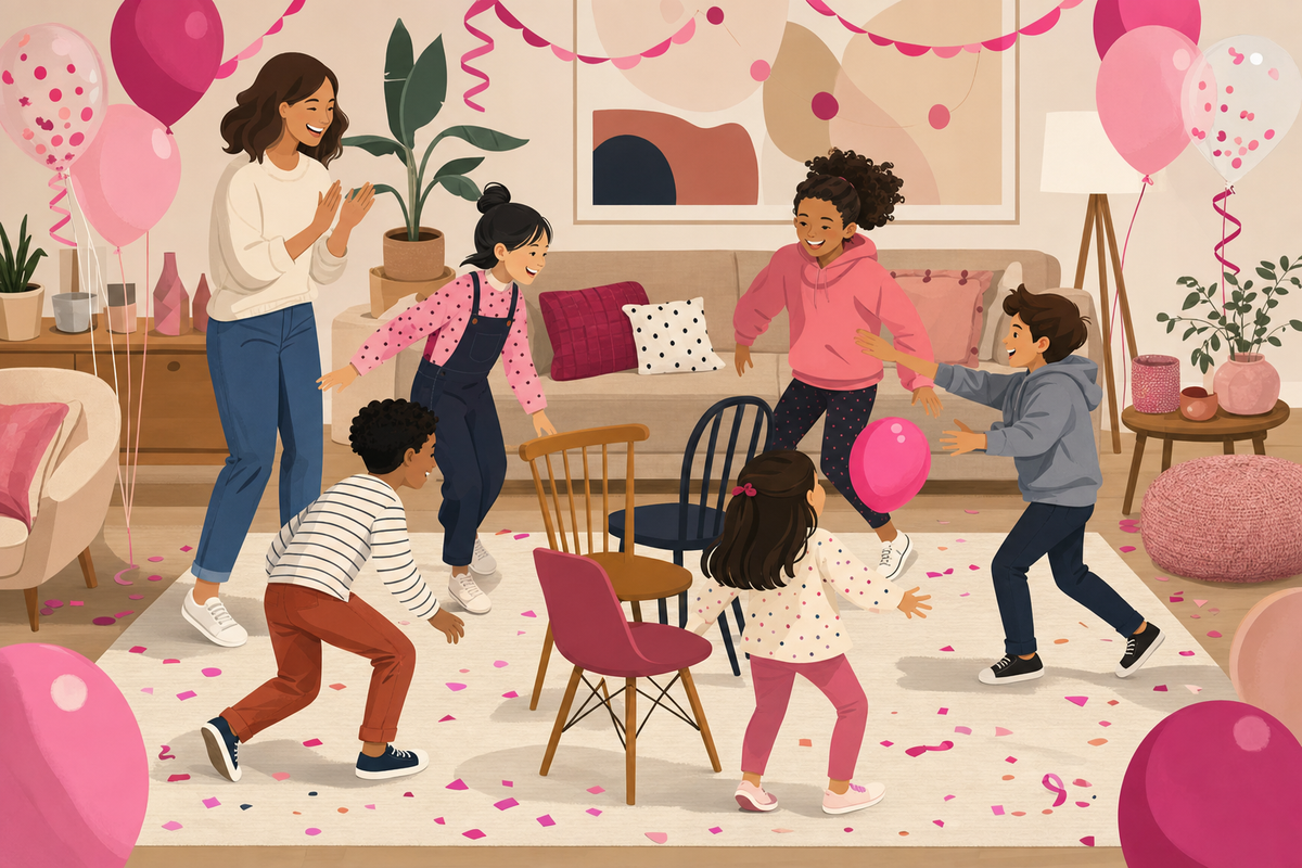 Flat illustration of a mixed-age group playing simple birthday party games together in a home living room decorated with pink and magenta balloons and confetti.