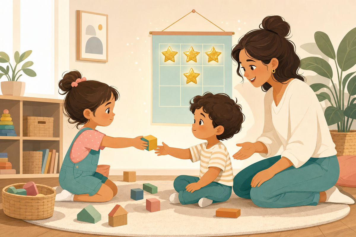 Flat illustration of a parent gently guiding two children through a toy-sharing moment, with a gold-starred sticker chart on the wall symbolizing positive reinforcement for respecting boundaries.