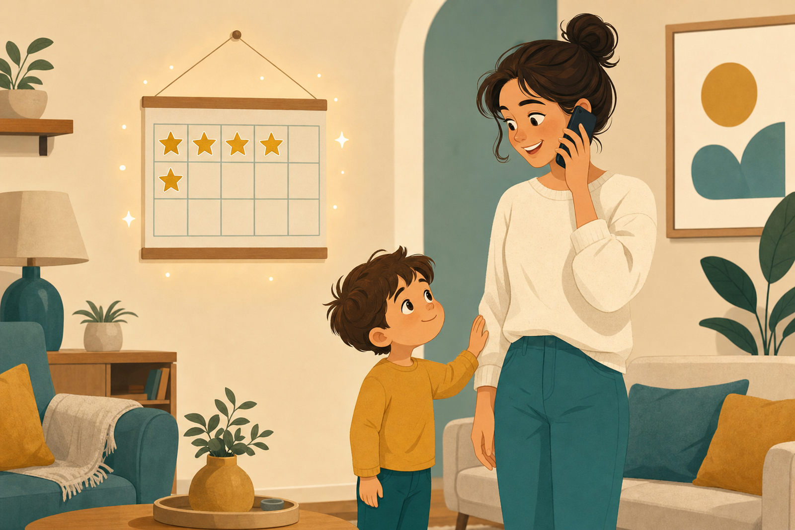 Illustration of a child patiently waiting with a hand on a parent's arm while a sticker chart with gold stars hangs on the wall nearby, representing a sticker chart strategy for helping young children stop interrupting.