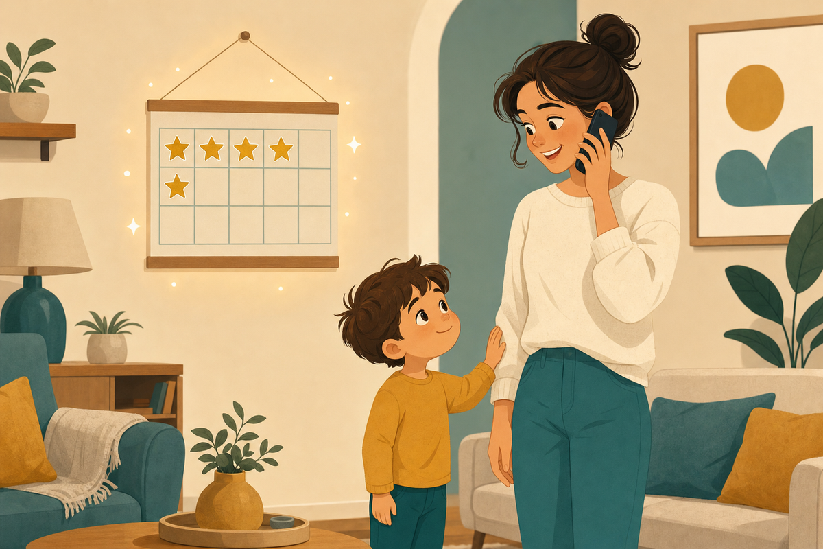 Illustration of a child patiently waiting with a hand on a parent's arm while a sticker chart with gold stars hangs on the wall nearby, representing a sticker chart strategy for helping young children stop interrupting.
