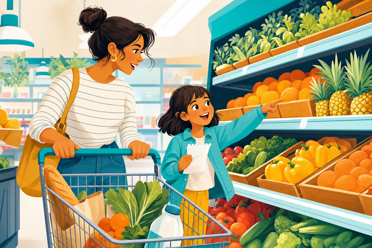 Parent and child happily shopping together in grocery store, child engaged with shopping list