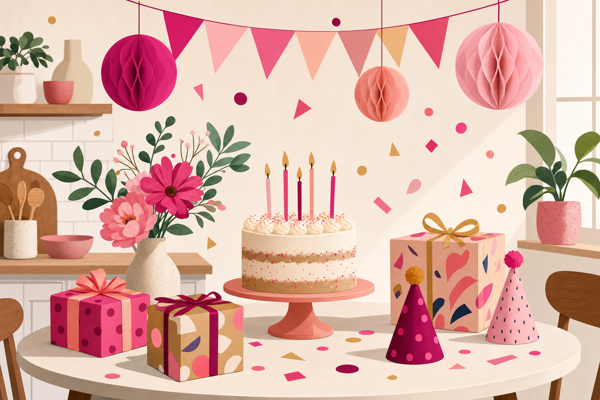 Illustrated birthday party setup showing a modest celebration with homemade cake, simple decorations, and gifts on a kitchen table