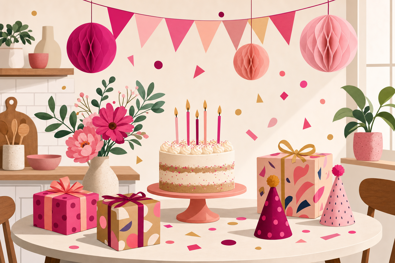 Illustrated birthday party setup showing a modest celebration with homemade cake, simple decorations, and gifts on a kitchen table