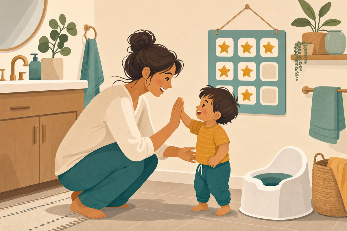 A parent comforts a toddler near a bathroom potty, with a gentle reward chart featuring gold stars on the wall, symbolizing a positive reset after potty training accidents.