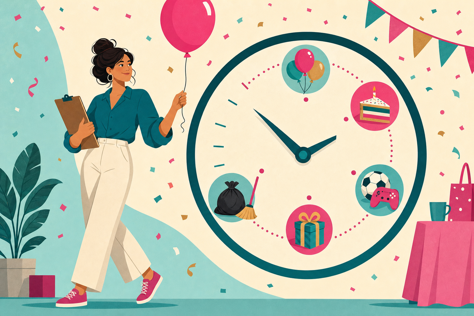 Flat illustration of a parent managing a birthday party timeline alone, with a clock surrounded by icons for balloons, cake, games, gifts, and cleanup.