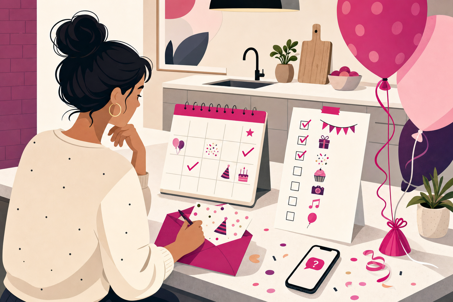 Flat illustration of a parent reviewing a party guest checklist and phone messages while planning headcount for a child's birthday party