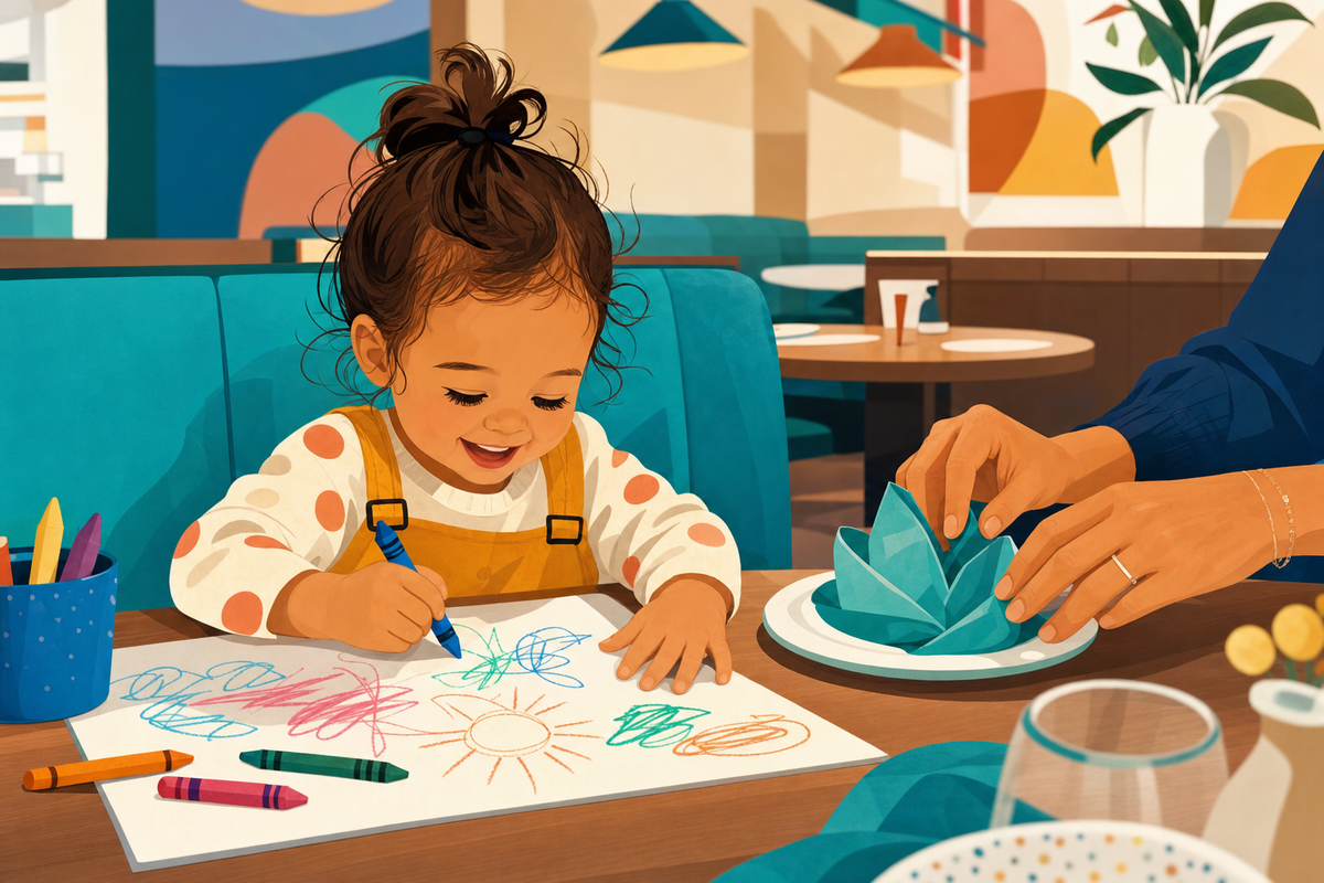 Illustration of a young child happily engaged in creative activities at a restaurant table with their parent