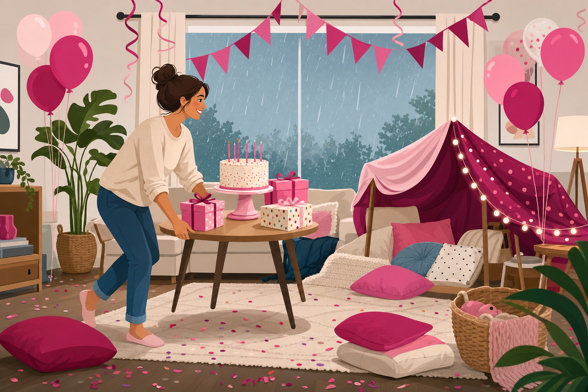 Flat illustration of a rainy window beside a cozy indoor birthday party setup with balloons, a blanket fort, and a parent moving party decorations, representing a backup plan for a rained-out kids' birthday party.