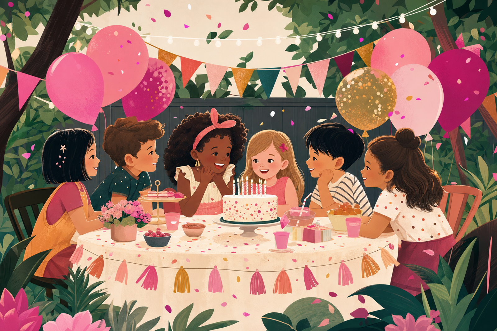 Illustration of a small group of children enjoying an intimate birthday party with festive decorations