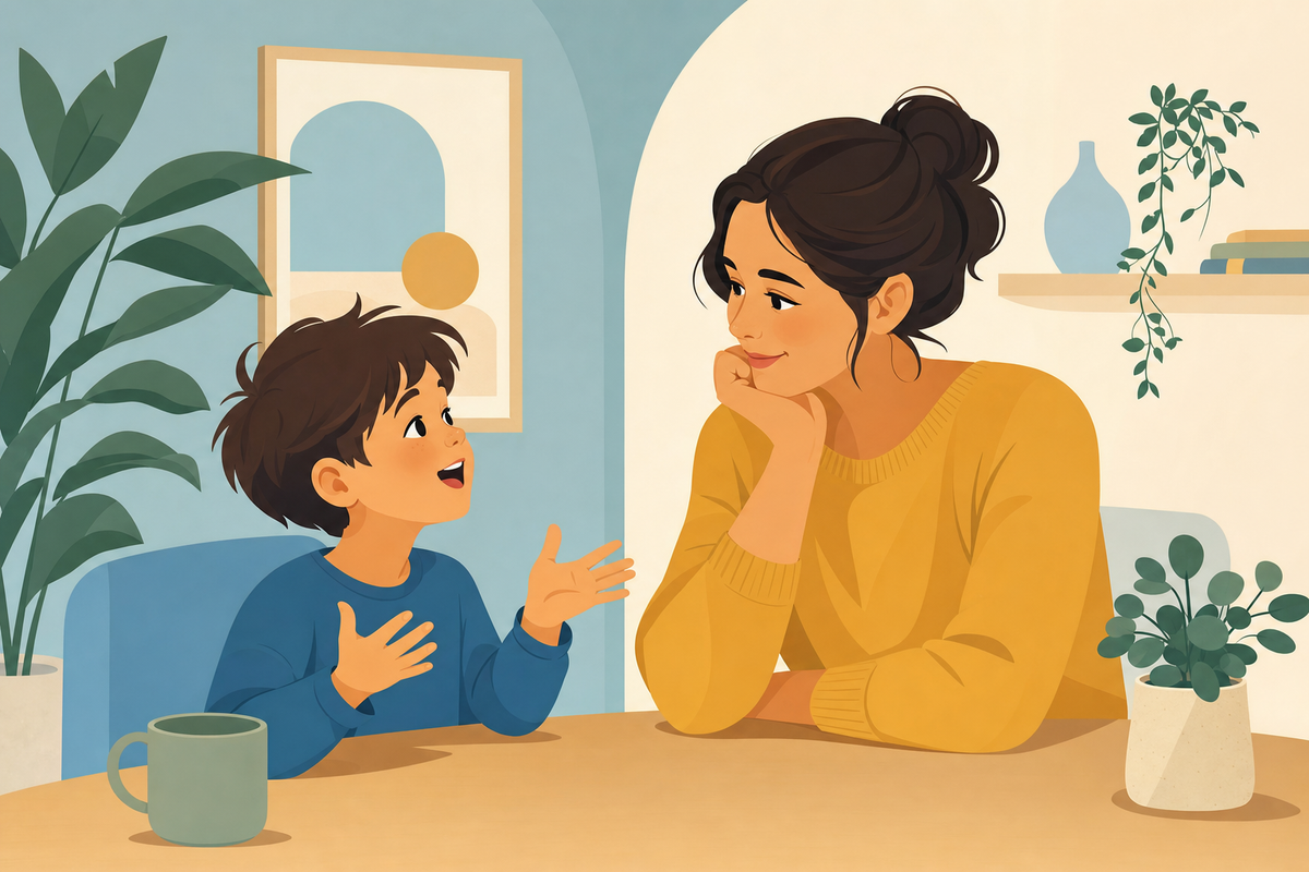 Parent listening attentively to young child during a conversation about honesty and truthfulness
