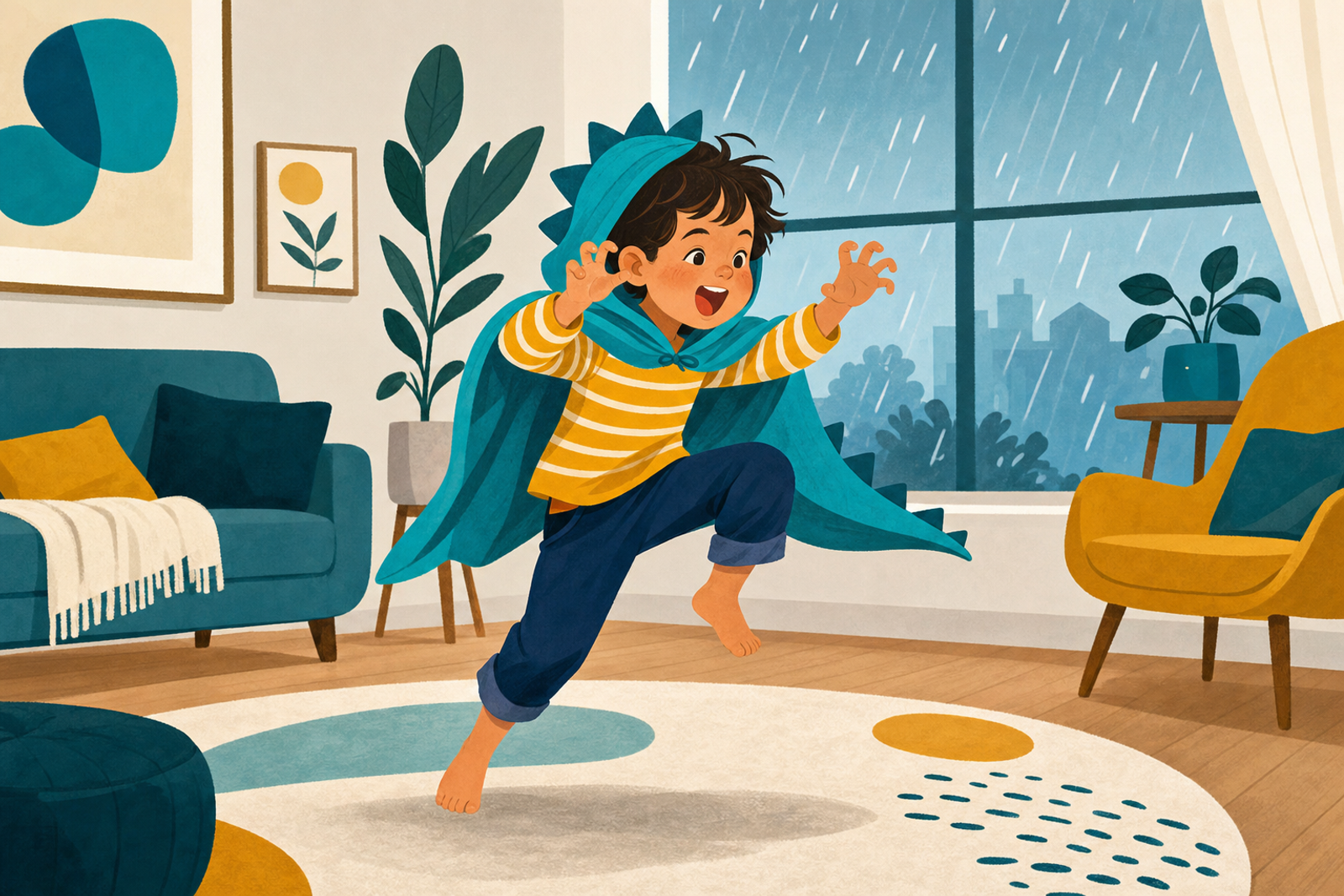 Illustration of a happy child playing and jumping indoors on a rainy day with no toys or supplies