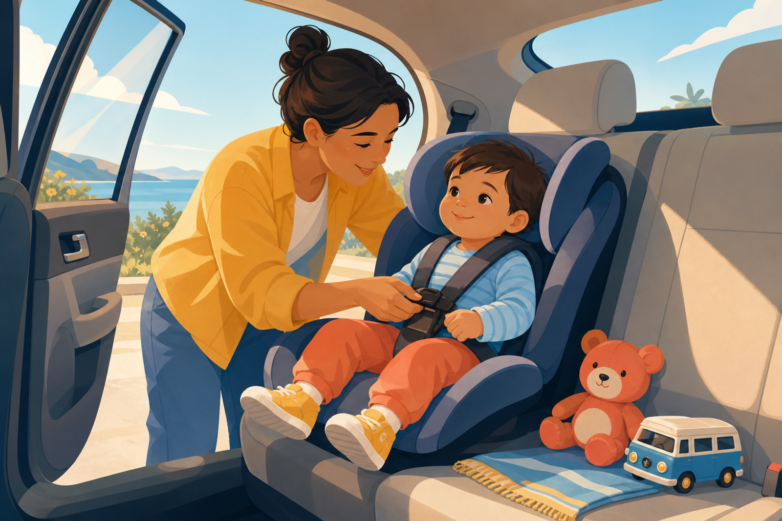 Flat illustration of a parent calmly buckling a happy toddler into a car seat before a road trip, with a toy and checklist nearby