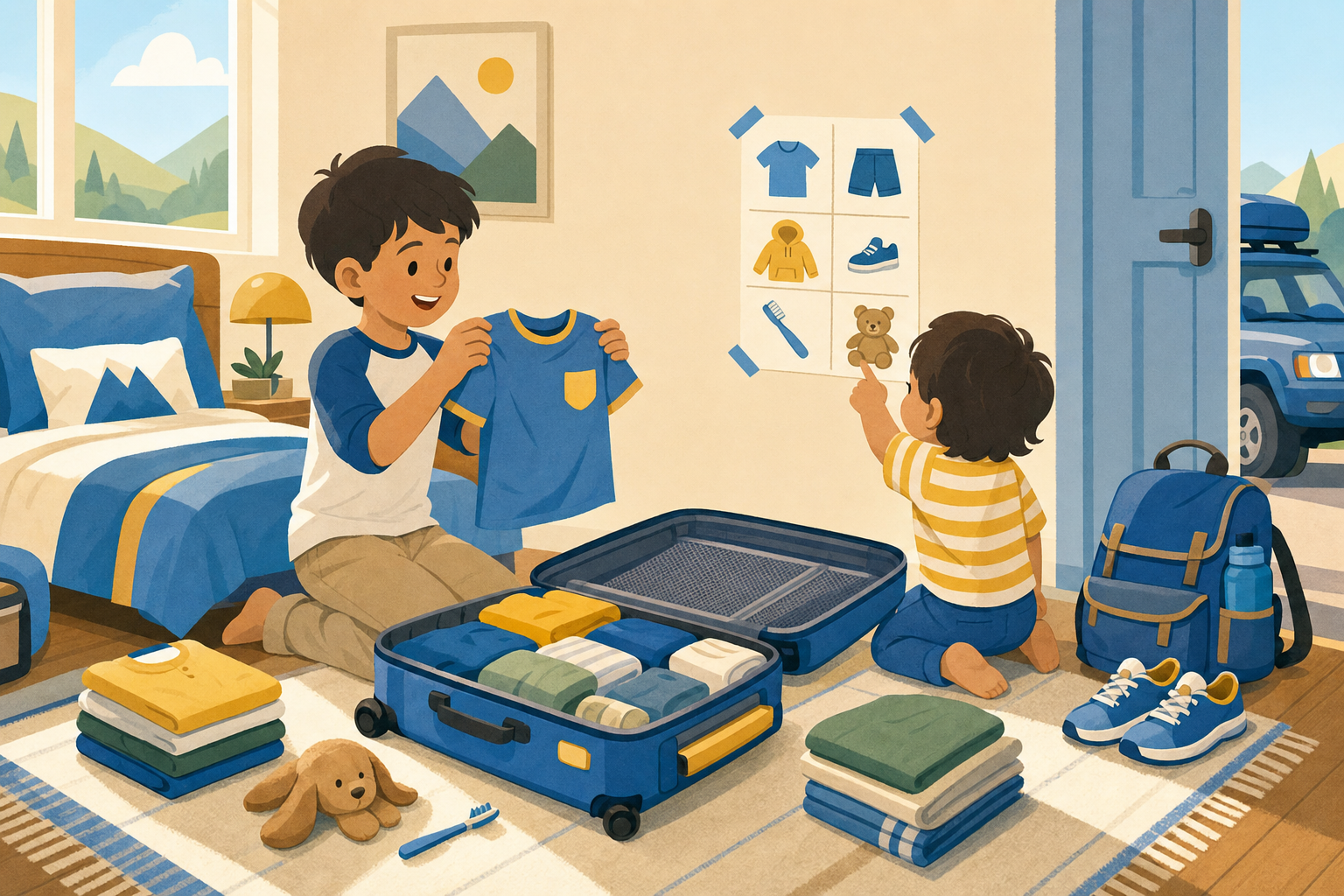 Illustration of two kids happily packing their own suitcase together in a bright bedroom, preparing for a family trip.