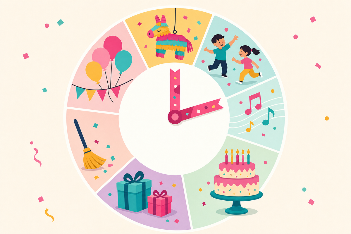 Flat illustration of a clock-shaped timeline with icons for party arrival, games, cake, and cleanup, symbolizing a 2-hour kids birthday party schedule.