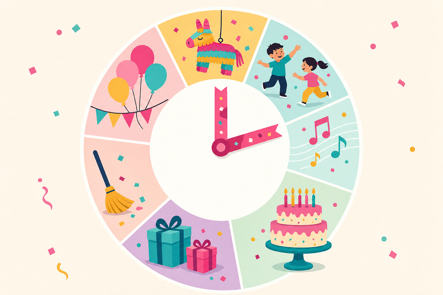 Flat illustration of a clock-shaped timeline with icons for party arrival, games, cake, and cleanup, symbolizing a 2-hour kids birthday party schedule.