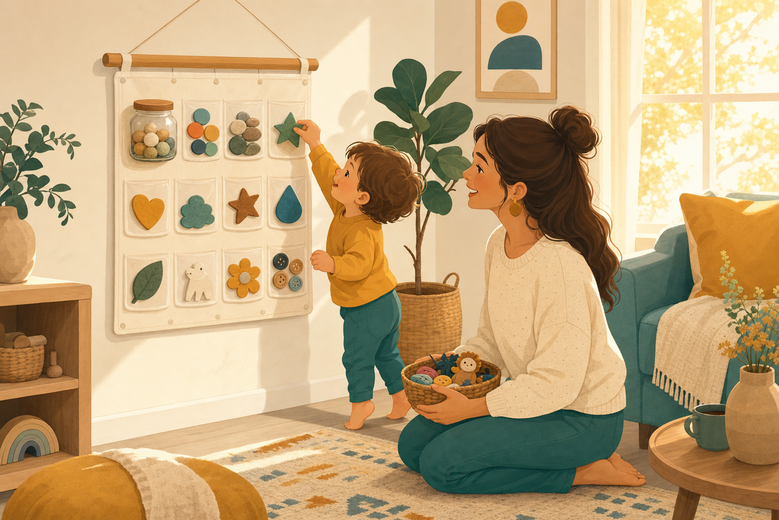 Flat illustration of a toddler and parent using non-sticker reward markers like pom-poms, tokens, and pebbles on a wall chart, symbolizing sticker chart alternatives for kids.