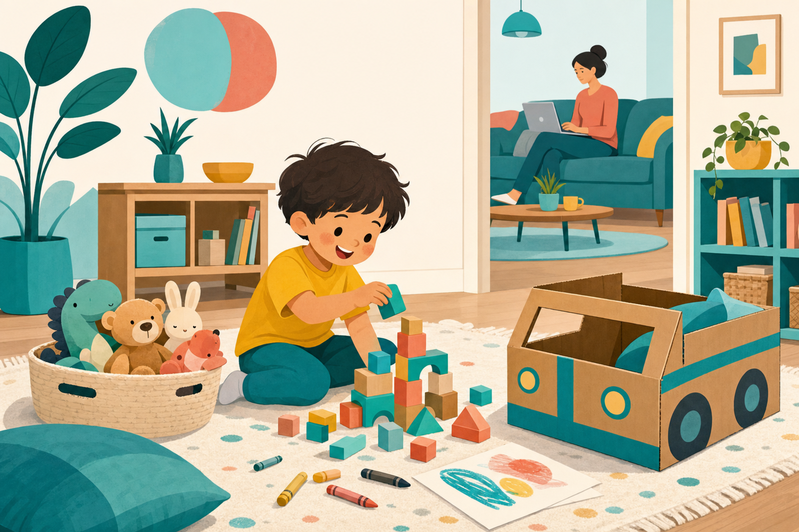 Flat illustration of a 4-year-old playing independently with blocks and a cardboard box while a parent works quietly in the background, representing screen-free, no-prep ways to keep kids busy at home.