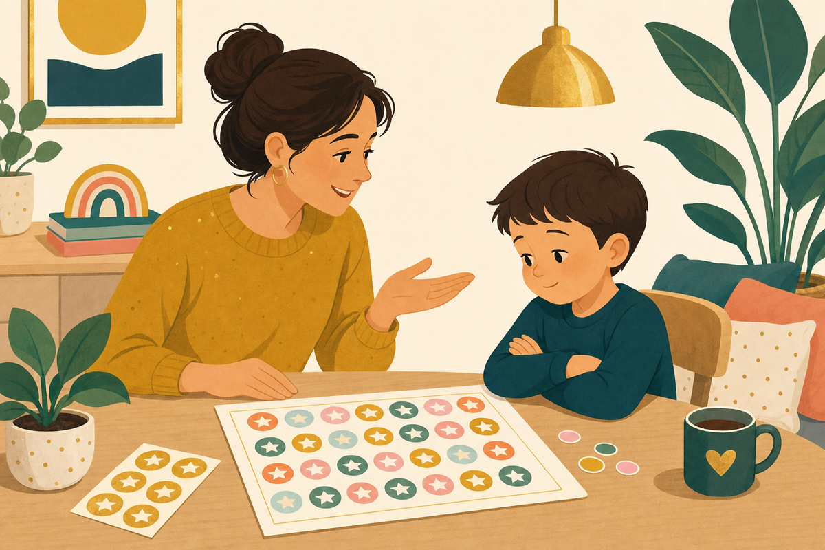 Parent calmly discussing a sticker chart with their child who appears upset