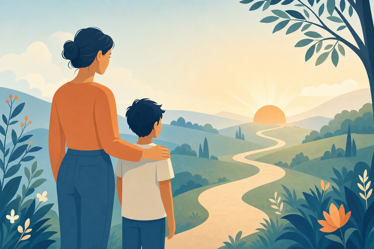 Parent and child standing together at the beginning of a path, symbolizing the restart of a routine after a break