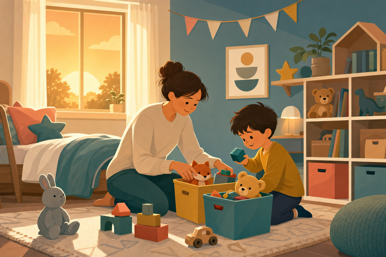 Illustration of a tidy children's bedroom with toys being organized into colorful bins, representing peaceful toy cleanup time