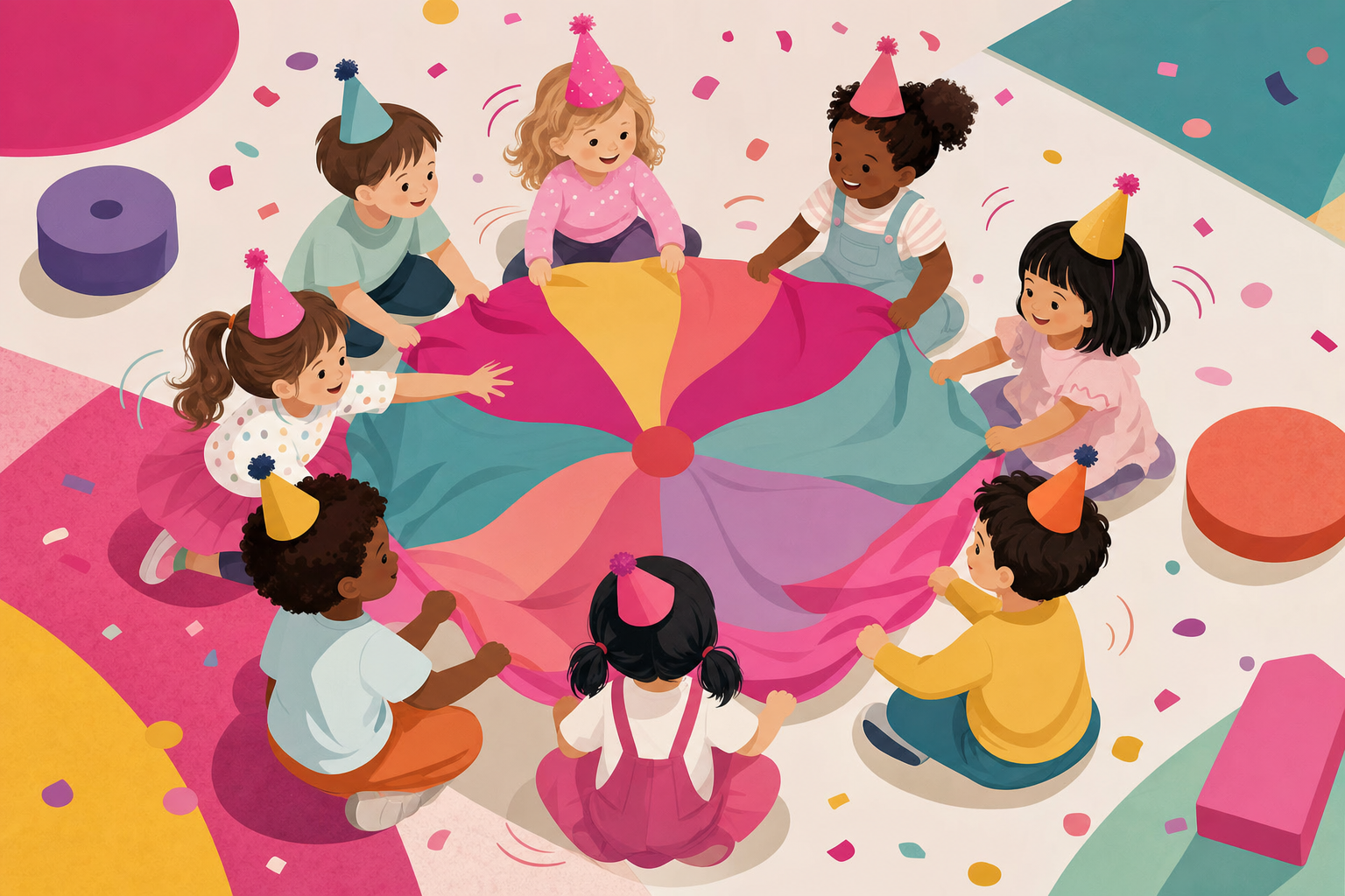 Illustration of young children playing party games together in a circle