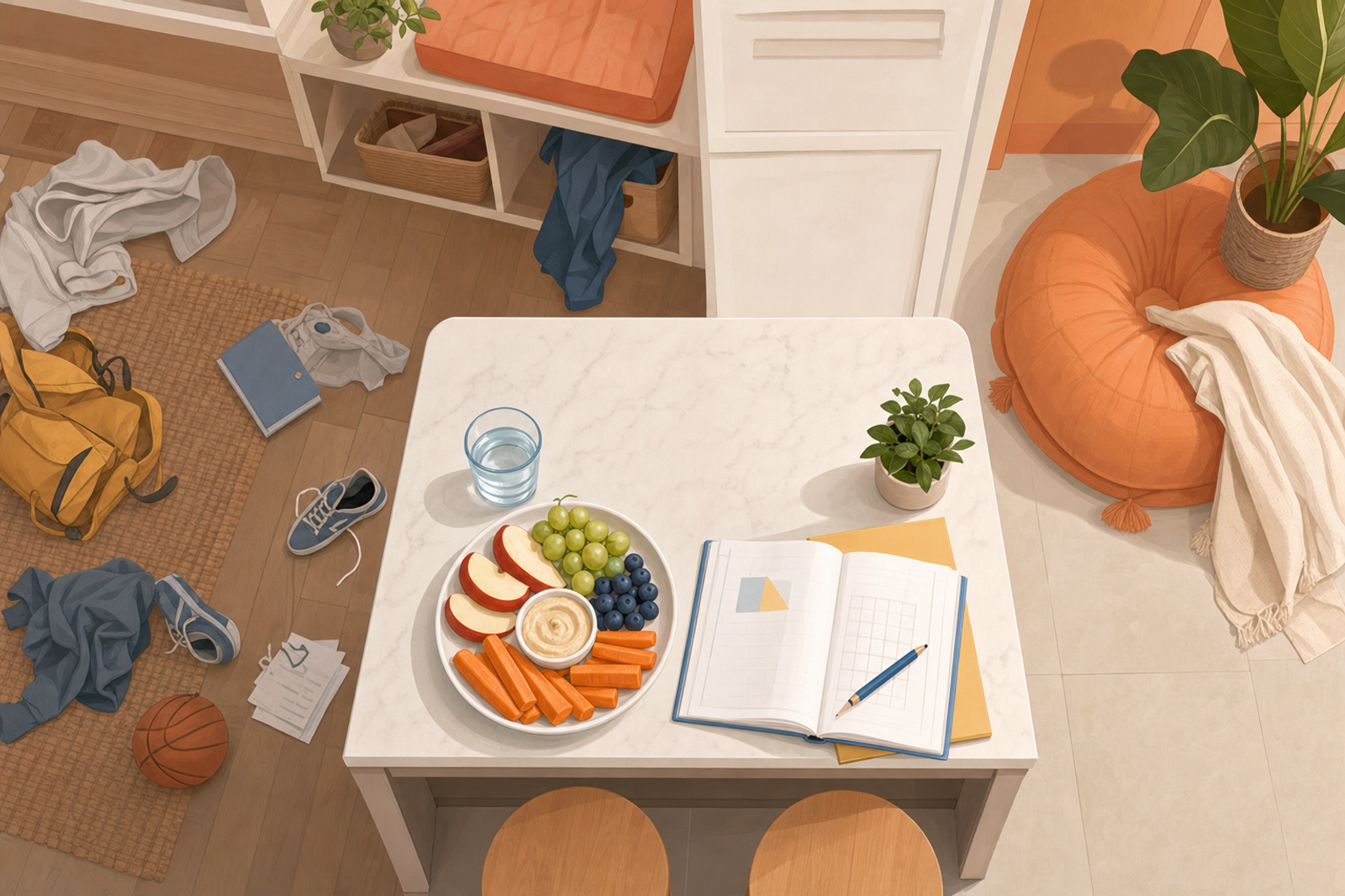 Peaceful flat illustration of organized after-school essentials including snack, homework materials, and calm-down space in soft pastel colors