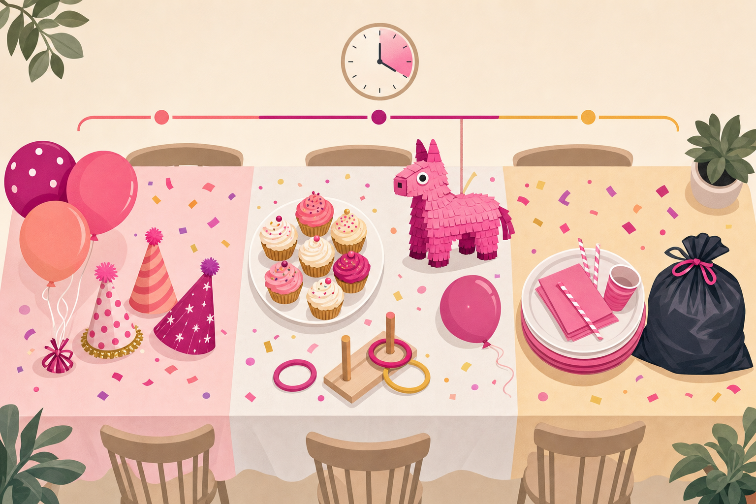 Flat illustration showing a birthday party timeline divided into setup, activities, and cleanup stages, representing a 2-hour solo-parent party plan.