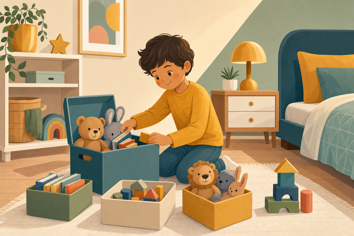 Child organizing toys into a toy box in a tidy bedroom corner