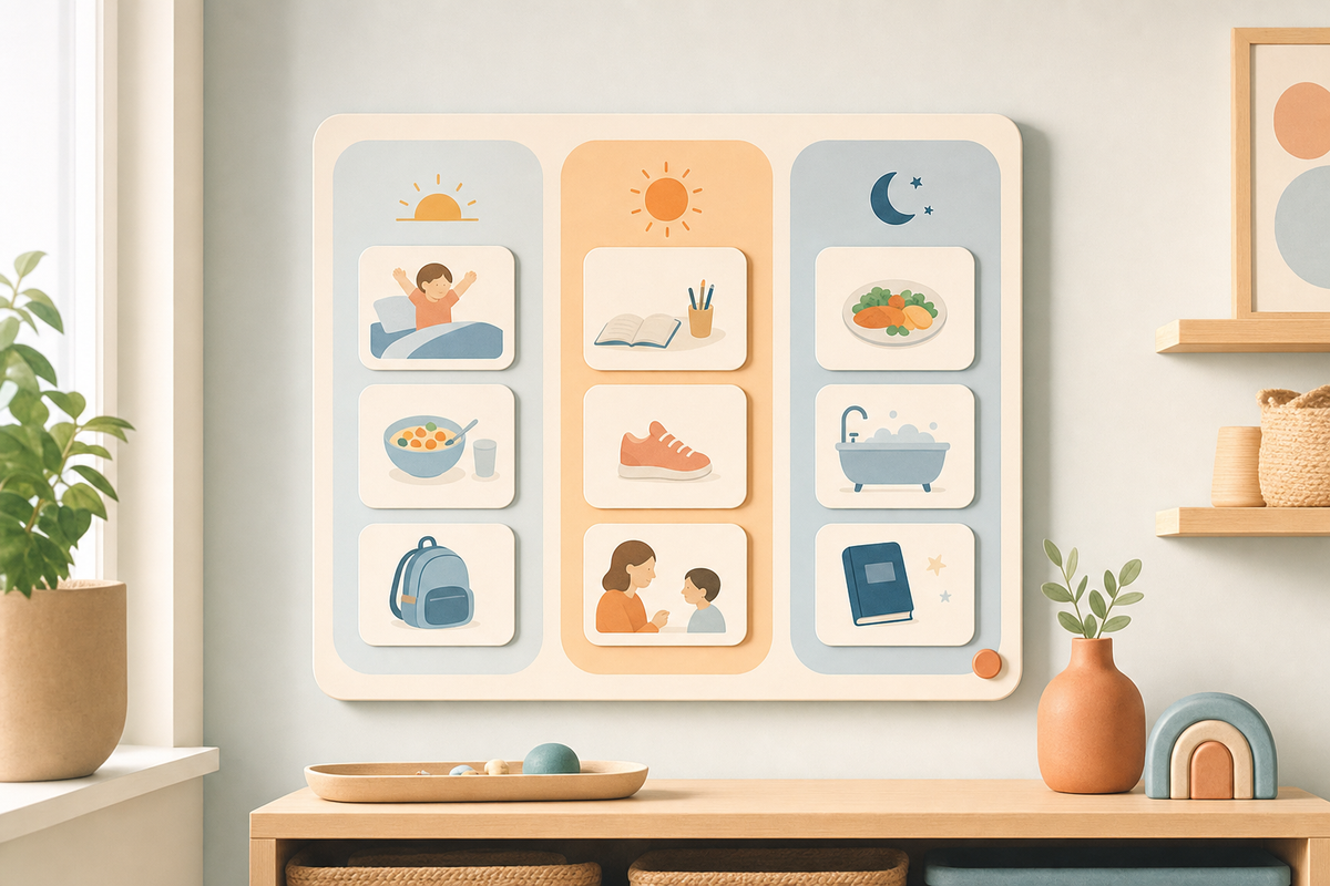 Simple three-part visual daily schedule board for toddlers showing morning, afternoon, and evening sections with minimal icon cards on a home wall