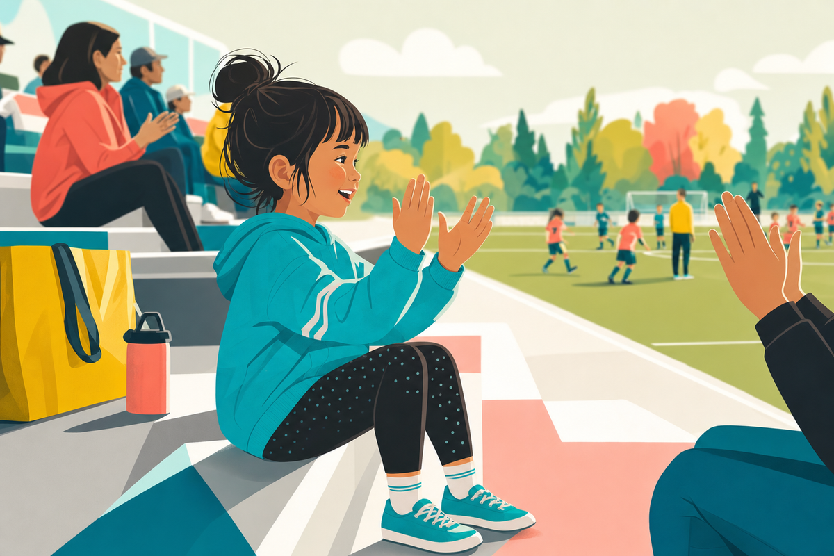 Child playing a hand game while sitting on bleachers at a sports practice