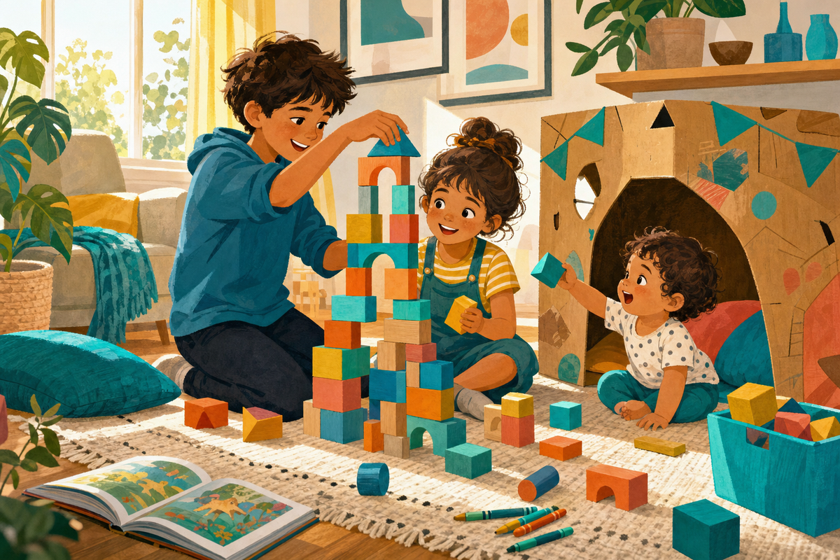 Flat illustration of three siblings of different ages playing together indoors with blocks and a cardboard fort, no screens in sight.